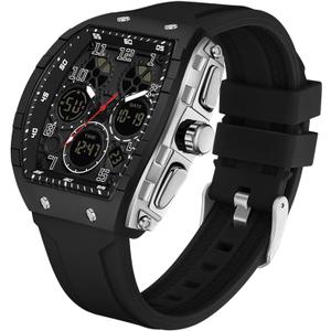 Watches for Men Unique Rectangle Relojes para Hombres White Wristwatch with Digital Analog Dual Time Display Countdown Stopwatch Punk Cool Design 5ATM Waterproof (Silver)