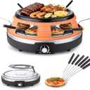 Multifunction Raclette Grill & Mini Pizza Oven, 1200W Electric Pizza Oven with Flat Griddle Top, Indoor Grill with 6 Mini Pizza Baking Slots, Temperature Control, Personal Pizza Maker, PM-01
