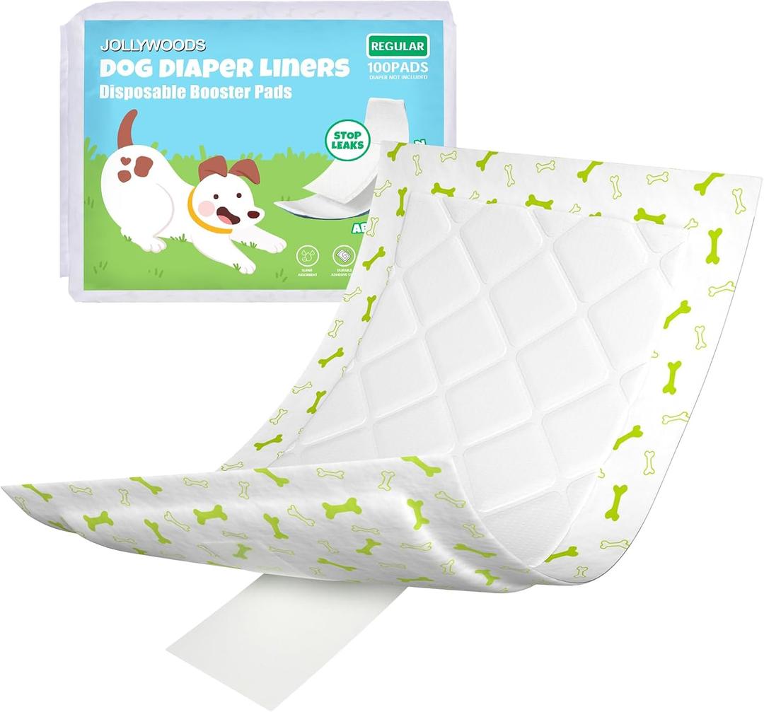 Dog Diaper Liners 100Pcs, Disposable Diapers Inserts for Male & Female Dogs, Booster Pads Fit Reusable Dog Belly Bands, Male Wraps and Period Diapers, Super Absorbent Leakproof Regular
