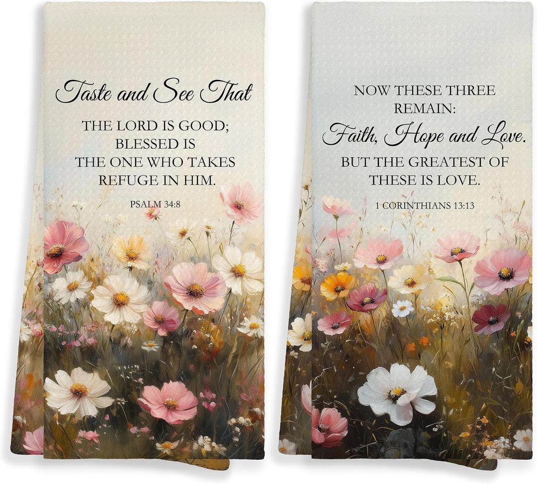 Vintage Christian Wildflower Floral Kitchen Towels Set of 2, Spring Bible Verse Hand Towels for Bathroom, Rustic Flower Religious Decorative Hand Tea Dish Towels for Kitchen Decor 16x24in