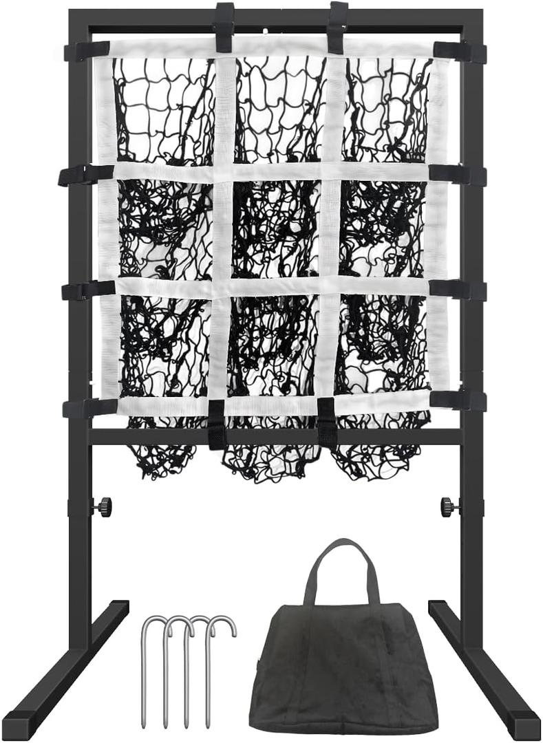 Queension 9 Hole Pitching Net with Strike Zone, Adjustable Height Powernet Baseball Nets with Target Pockets for Batting, Pitching Target Softball Baseball Training Equipment for Hitting (Black)