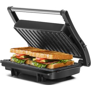 Panini Press Grill, Aigostar 1000W Sandwich Maker with Ceramic Non-stick Plates, Opens 180 Degrees for Any Size Food, 3-in-1 Sandwich Press Electric Grill, Drip Spout & Locking Lid, Sliver (Black)