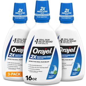Orajel Nonseptic Mouth Sore Rinse 16oz, Soothing Mint Flavor, Provides Pain Relief, Promotes Healing, 3-Pack