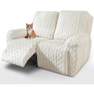 vctops 6 Pieces Geometric Jacquard Plush Recliner Loveseat Slipcovers Soft Fuzzy Fluffy Sofa Couch Cover Anti-Slip Furniture Protector with Elastic Bottom for Kids Cats Dogs(Cream,2 Seat)