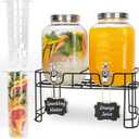 Glass Drink Dispensers For Parties, 2 PACK 1 Gallon Beverage Dispenser With Stand And Spigot Leak proof. Lemonade Dispenser With Ice Cylinder and Chalk board