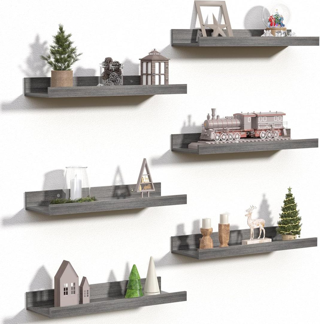 upsimples Floating Shelves for Wall, Wall Shelves for Decor Storage Set of 6, Wall Mounted Wood Shelf for Bedroom, Living Room, Bathroom, Kitchen, Picture Ledge Shelf, Grey (15.7in)