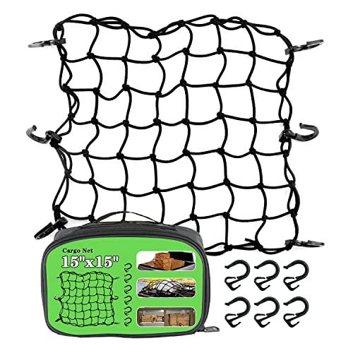 15"x15" Universal Truck Bed Net Black Latex Bungee Cargo Net Extends to 30"x30" with 6 Adjustable Hooks & Tight 2"x2" Mesh by Cenipar