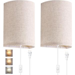 AVV Wall Sconces Set of Two, Wall Lamp Plug in with On/Off Switch, 2700K 4000K 5000K Selectable, Wall Lights for Bedroom, Living Room, Wall Decor for Bedroom, Fabric Linen Lamp Shades