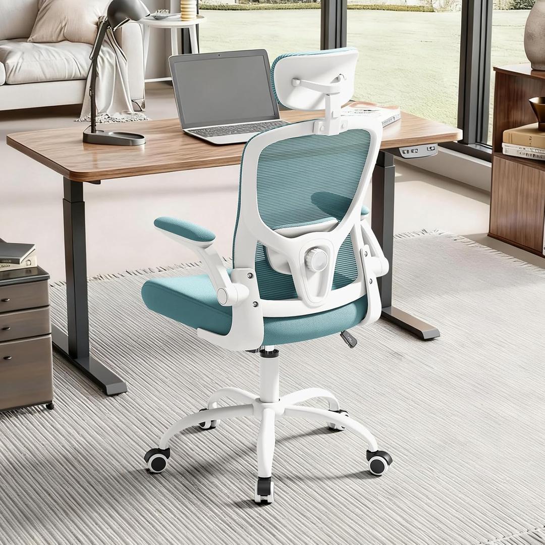 Office Computer Desk Chair - Lumbar Support and Headrest, Ergonomic Mesh Back Swivel Task Chair,Flip-Up Arms for Desk Work, 90-120 Tilt Rolling Chair for Home Office(White-Blue6076)