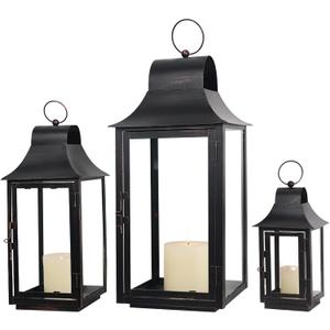 DECORKEY Pack of 3 Lanterns Decorative Outdoor & Indoor, Large Square Lanterns Decorative for Front Porch, Metal Frame Candle Holders with Glass, Vintage Patio, Pathway, Balcony, Garden, Yard Decor