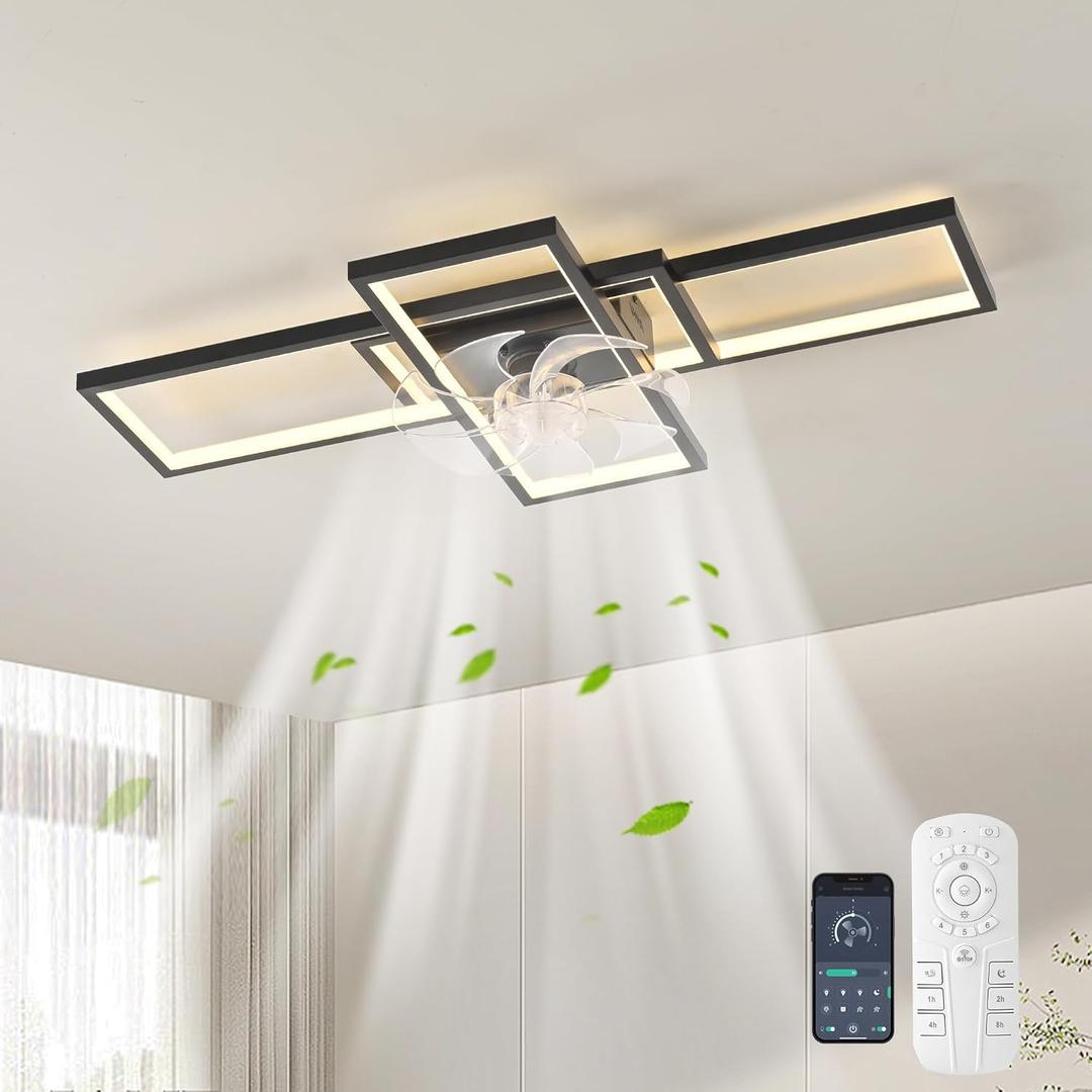 GEADI Modern Ceiling Fan with Light,35" Dimmable Flush Mount Ceiling Fans with Lights and Remote, Black Led Fandelier,Low Profile Ceiling Fan for Bedroom,Kitchen,Living Room(6-Speed,Timing,3000-6000k