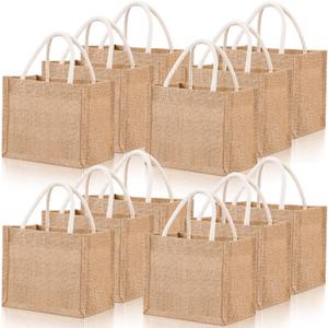 12 Pcs Burlap Tote Bag Mini Jute Reusable Bag with Handles Small Blank Canvas Gift Waterproof for Wedding Beach DIY