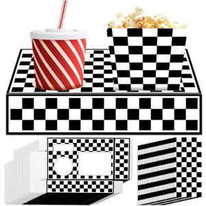 48Pcs Movie Night Supplies 24 Movie Theater Snack Trays with 24 Popcorn Bags Black White Checkered Snack Boxes Race Car Party Paper Food Trays Car Food Boats for Family Birthday Racing Party
