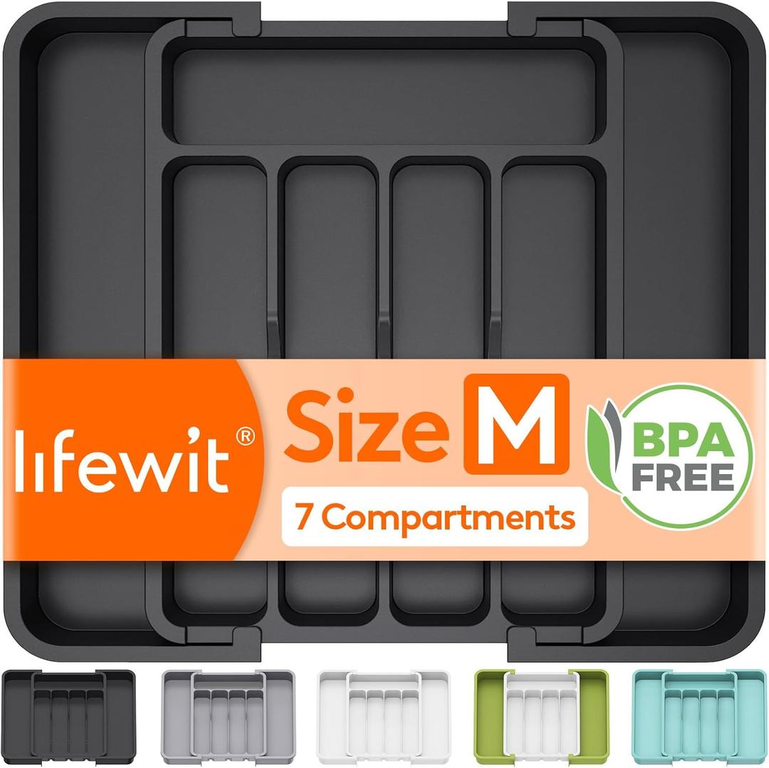 Lifewit Silverware Drawer Organizer, Expandable BPA Free Utensil Tray for Kitchen, Adjustable Flatware and Cutlery Holder for Spoons Forks Knives, Plastic Kitchen Organizers and Storage, Black (M8.9-14.7''W x 12.2''D)