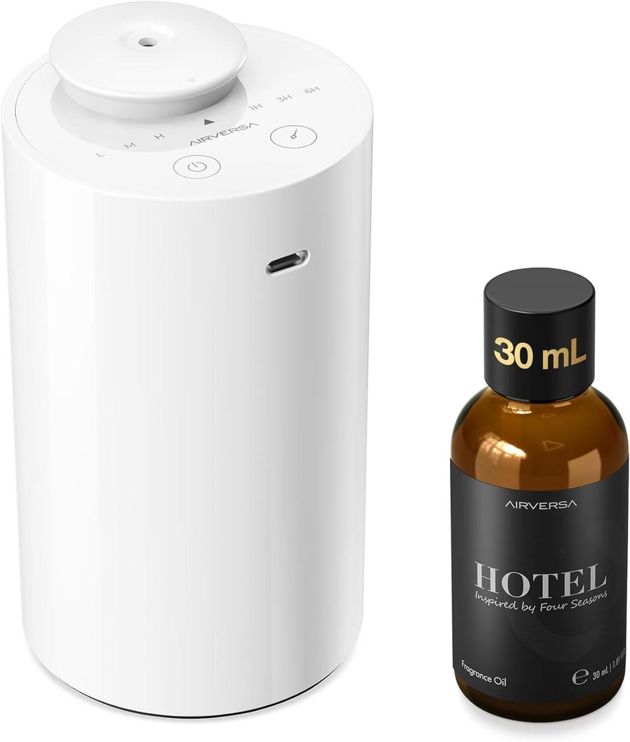 Waterless Essential Oil Diffuser Starter Kit with 30mL Hotel Fragrance Oil Inspired by Four Season, Battery Operated Car Diffuser, Portable Aroma Nebulizer for Home Car Office, AN6Kit-2, White (An6w-htl-fs30)