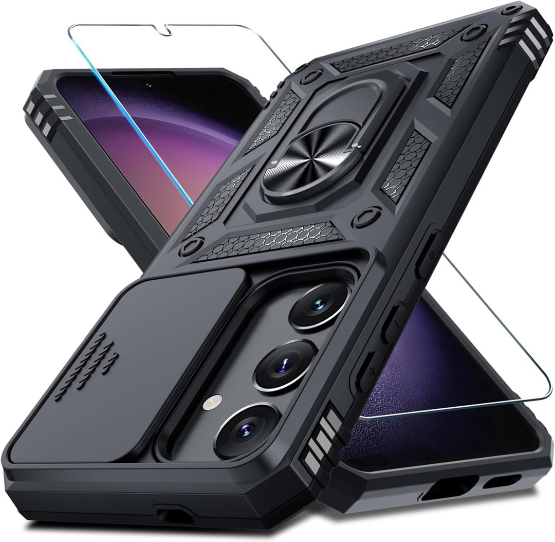 Janmitta Compatible with Samsung Galaxy S25/S24 Case Built in Slide Camera Lens Cover+Screen Protector+Finger Ring Holder Kickstand,Heavy Duty Shockproof Full Body Protective Phone Cover,Black
