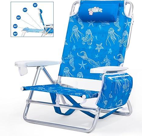 Reclining Beach Chair Backpack 5-Position Lay Flat Lounge Chair for Adults Heavy Duty Portable Folding Lightweight with Cooler Bag Camping Chair for Sand Outdoor (Max 400lbs-backpack, Under the Sea