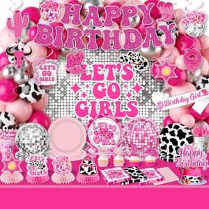 Cowgirl Birthday Party Decorations,275Pcs Disco Cowgirl Party Decorations with Cowgirl Balloon Arch, Lets Go Girls Backdrop, Tableware Banner Tablecloth for Western Cowgirl Last Rodeo Bachelorette Decor
