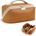 Prite Makeup Bag for Women Travel Waterproof Vegan Leather Cosmetic Bag Open Flat Toiletry Bag With Clear Divider and Handle (New Brown, Medium)