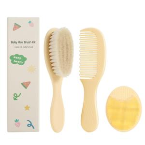 SIMPOR 3PCS Baby Hair Brush and Comb Set for Newborns, Yellow Natural Soft Goat Bristles and Silicone Cradle Cap Brush, Baby Hair Comb Care Kit with Toddlers