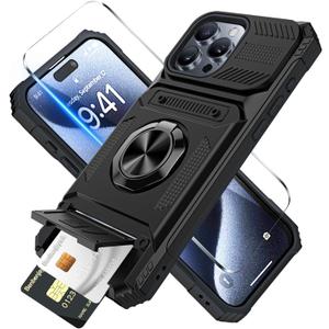 for iPhone 15 Pro Wallet Case with Card Holder + 1 Screen Protector, (2 Cards) & 360Ring Kickstand Military Grade Drop Shockproof Rugged Case for iPhone 15 Pro 6.1" (Black)