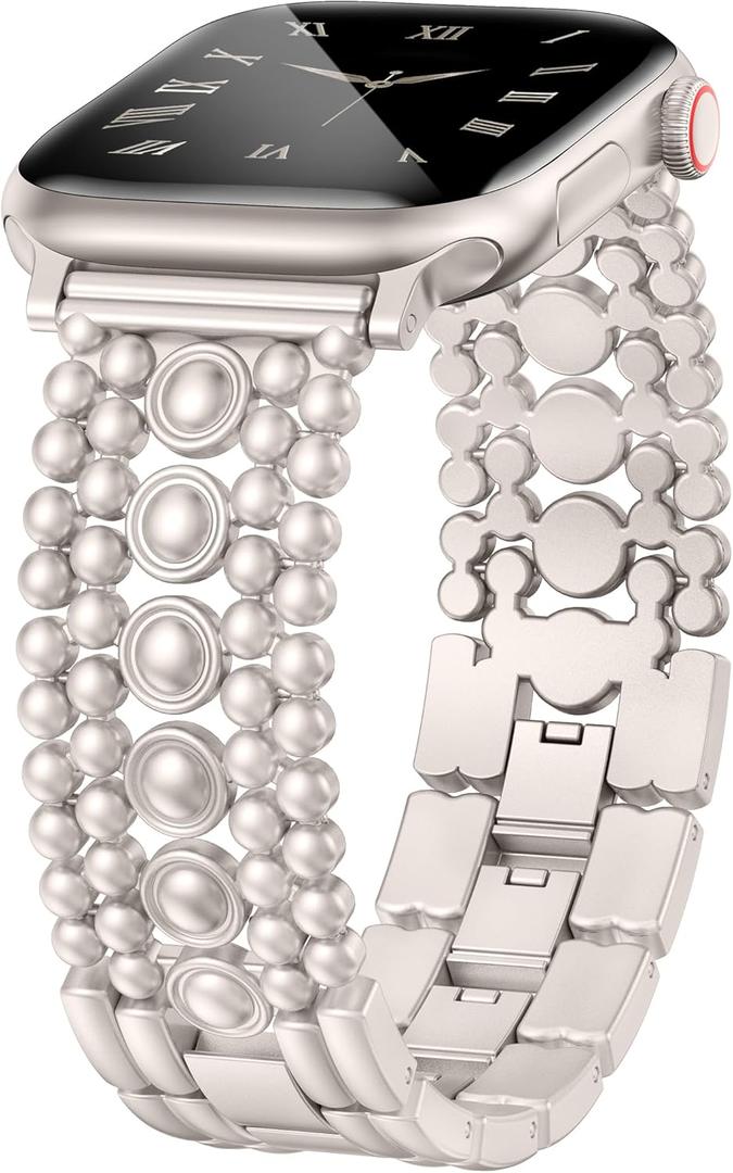 Minyee Compatible with Apple Watch Band 42/46/38/40/41/44/45/49mm Women, Dressy Pretty Stainless Steel Metal Strap Fancy Studded Designer Link Bracelet for iWatch Series 11 10 9 8 7 6 5 4 SE/Ultra 3 (Starlight)