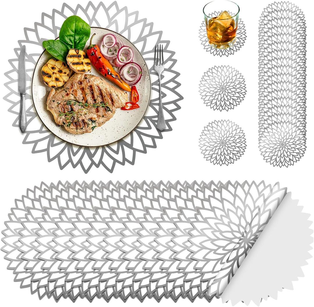 Geosar 200 Disposable Paper Placemats and Coasters Set Summer Hawaiian Luau Placemat with Coasters Outdoor Indoor for Greenery Jungle Dining Table Decoration Shower Birthday(Silver Metallic)