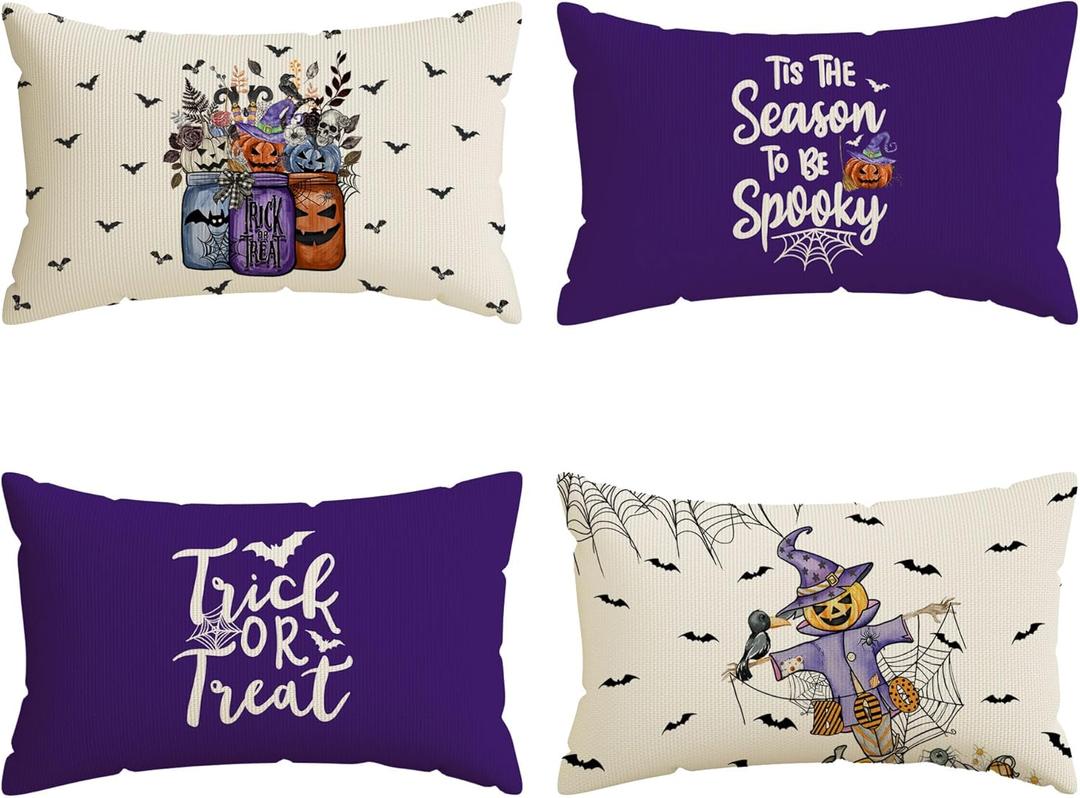 Halloween Pillow Covers Trick or Treat Vases Pumpkins Scarecrow Lumbar Pillow Cases Set of 4 Autumn Decorations for Farmhouse Home Bedroom Sofa Couch Outdoor Holiday Decor 12x20 Inch