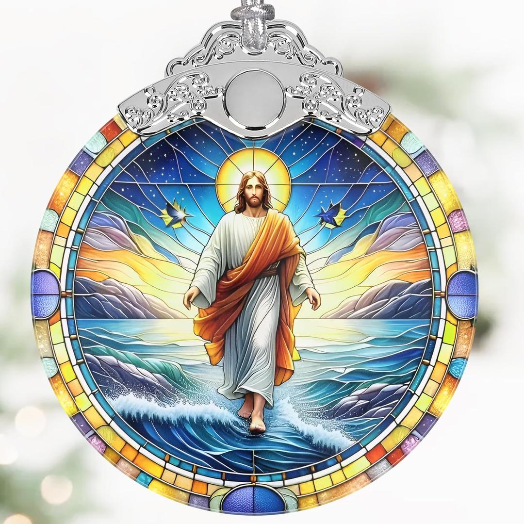 Jesus Christmas Ornaments, 3" Stained Glass Christmas Decor, Christmas Tree Ornaments, Christmas Tree Decorations, Gift for Religious Believers, Perfect for Holiday Party, Window, Tree, Home Decor (Jesus Walking in Galilee)