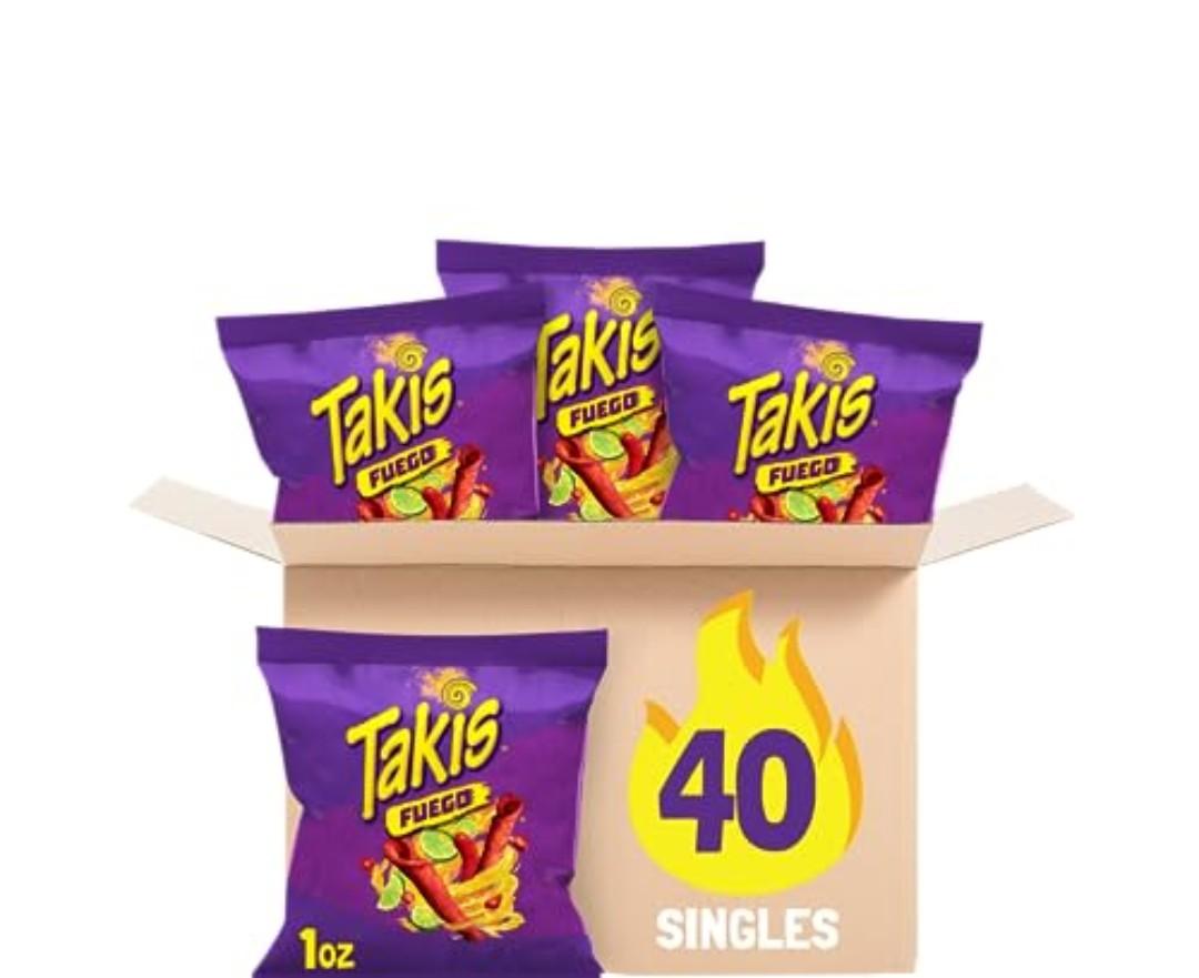 Takis Fuego 40 pc / 1 oz Multipack - Hot Chili Pepper & Lime Flavored Extreme Spicy Rolled Tortilla Chips - Individual Bags, Perfect for Tailgates, Parties, Lunchboxes or Lunches BB Date Jun 15 2026