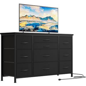 Jojoka Wide Dresser with 10 Large Drawers for 55'' Long TV Stand with Power Outlet Entertainment Center, Storage Fabric Drawer Unit for Bedroom, Closet, Entryway, Sturdy Metal Frame, Black
