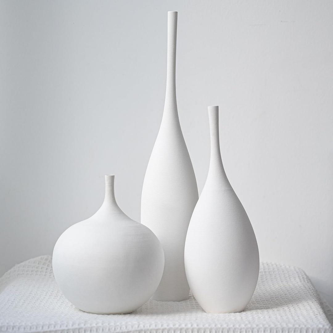 White Ceramic Vase Modern Boho Wabi-Sabi Flower Vase Set of 3 Decorative Aesthetic Vases for Centerpieces Pampas Matte Minimalist Vases for Living Room Table Shelf Home Decor Gift