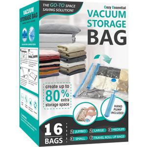 16 Pack Vacuum Storage Bags, Space Saver Bags (2Jumbo/2Large/3Medium/3Small/6Roll) Compression Storage Bags for Comforters and Blankets, Vacuum Sealer Bags for Clothes Storage, Hand Pump Included (16 Pack)