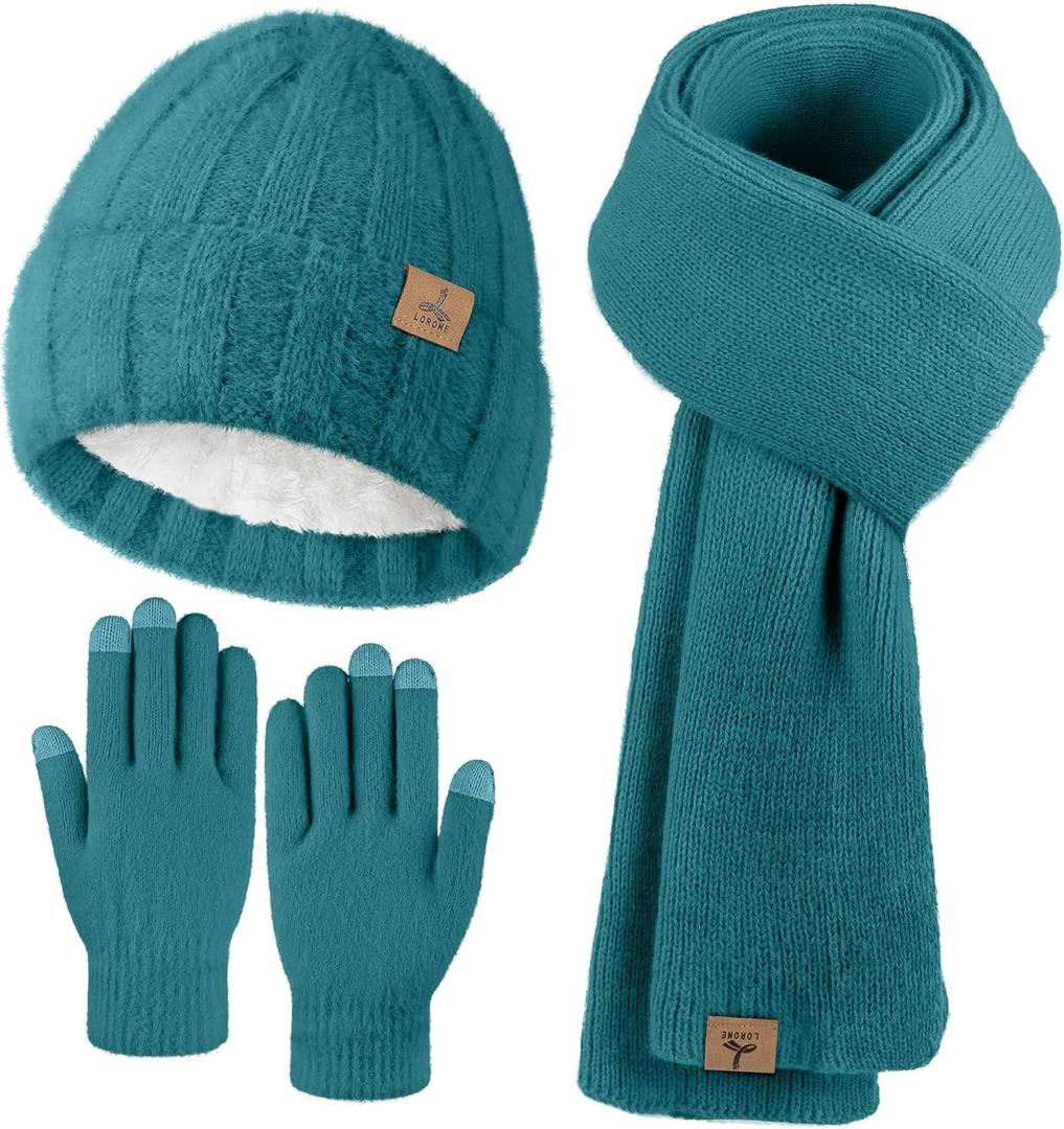 Winter Beanie Hat Scarf Gloves, Warm Fleece Knit Hat Long Scarf Neck Warmer Touch Screen Winter Gloves Set Gifts for Women (Blue Green)