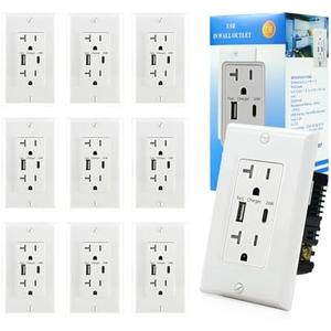 [10 Pack] LGL USB C Charger Wall Outlet, 20W Fast Charging USB A & USB C Port Wall Receptacle, 20Amp 125 V Duplex Tamper Resistant Receptacle, ETL Listed, Wall Plate Included, White (10 Pack)