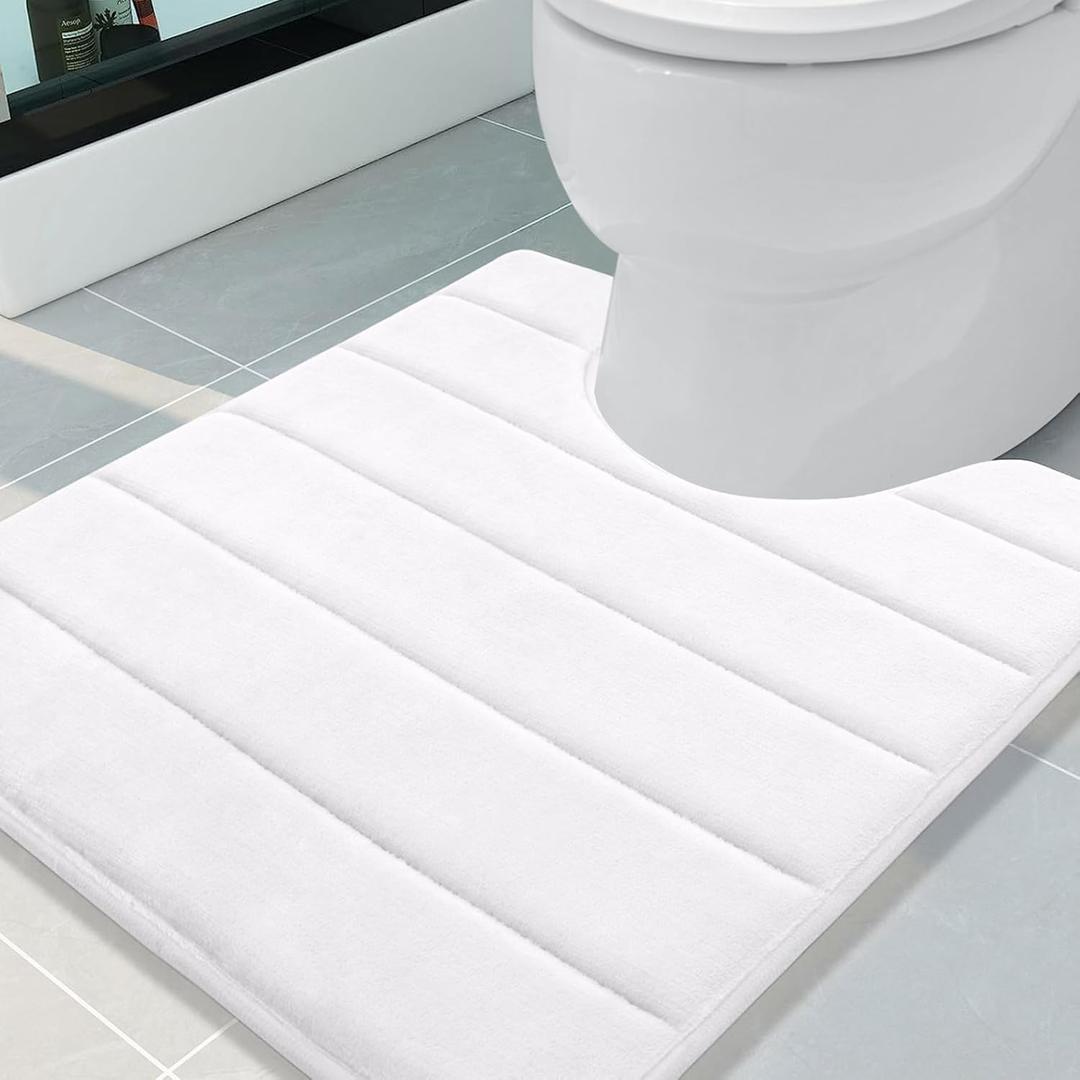 Buganda Memory Foam U-Shaped Contour Toilet Rugs, Non Slip Absorbent, Thick Soft Washable Bathroom Mat, Floor Carpet Bath Rugs Mat for Toilet Base (24" x 20", White)