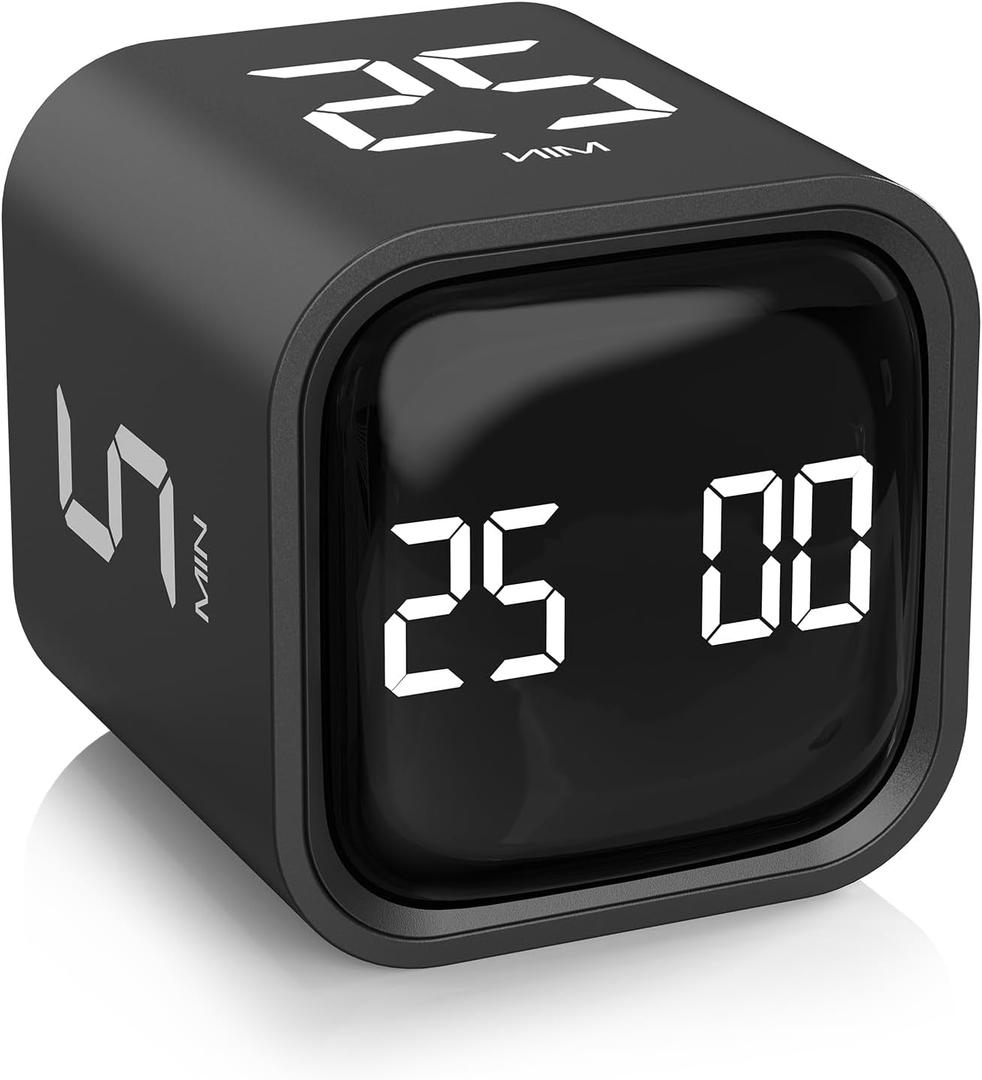 Rotating Pomodoro Timer 5, 25, 10 50 Minutes Preset, Desk Productivity Flip Timer, ADHD Tool Cube Countdown Stopwatch, Vibration/High/Low Volume/Custom Modes, for Work, Study, Back to School, Kitchen (Black)