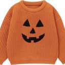 Toddler Girl/Boy Halloween Sweater Pumpkin Smile Embroidery Sweater Knitted Pullover Fall Winter Clothes (3-4T, Unsex-orange)