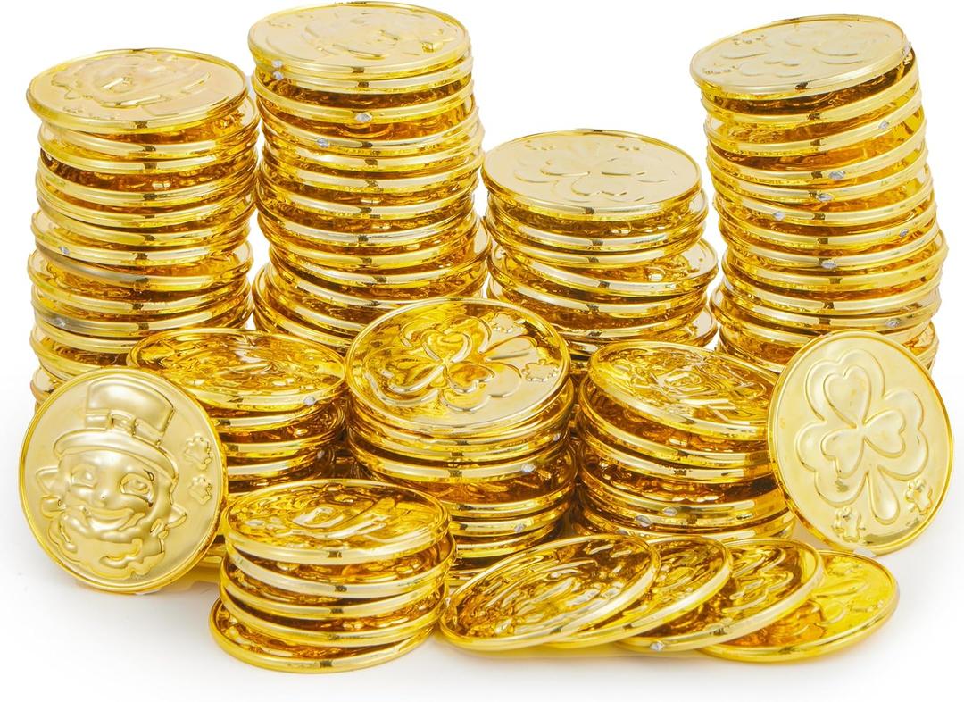 JOYIN 120 Pcs St. Patricks Day Gold Coins, Plastic Gold Coins Bulk with Shamrock, Leprechaun, Cauldron & Hat Patterns, St Patricks Accessories Games Gifts Decorations, Party Favors & Party Supplies