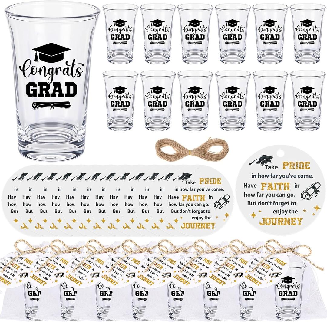 50 Set Graduation Acrylic Shot Glasses for 2025 Congrats Grad Party Favors, Reusable 1.2 oz Clear Shot Glasses with Round Gift Cards and Organza Bags for High School College Graduates (Black)