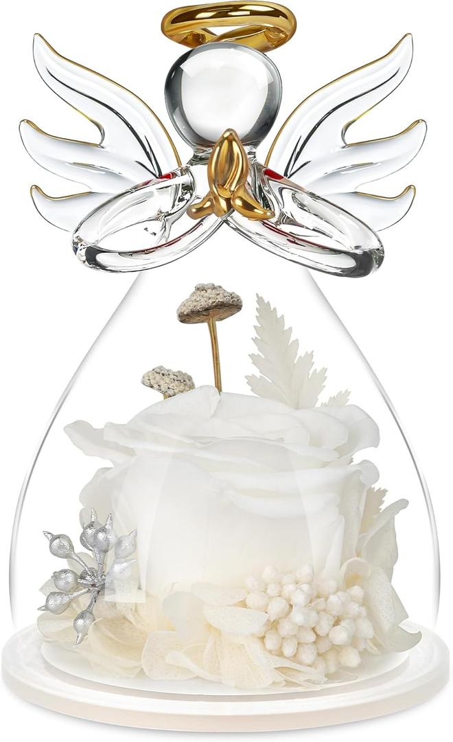 Valentines Day Rose Gifts for Her,Fresh Flowers for Delivery,Birthday Gifts for Women Mom,Preserved Flowers in Glass Angel Figurine,Mothers Day Rose Gift for Mom Grandma,Light Up White Gift Valentines