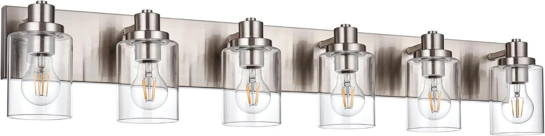 6 Light Vanity Light Brushed Nickel Bathroom Lighting Fixtures Over Mirror, Modern Bathroom Light with Clear Glass Shade, Farmhouse Vanity Lights 6 Light Vanity Light Brushed Nickel Bathroom Lighting Fixtures Over Mirror, Modern Bathroom Light with Clear Glass Shade, Farmhouse Vanity Lights