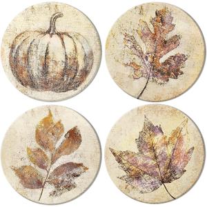 4Pcs Fall Thanksgiving Ceramic Coasters Vintage Pumpkin Maple Leaf Drink Coasters Autumn Absorbent Cup Mat for Mug Cup Home Kitchen Party Table Decor