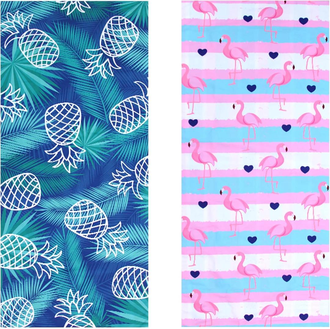 2 Pack Microfiber Oversized Lightweight Beach Towel for Adults Women Men, Reversible 71" x 32" XL Extra Large Thin Quick Dry Sand Free Pool Towels for Travel Sport Swimming Camping Picnic Yoga Gym (Pineapple & Flamingo)