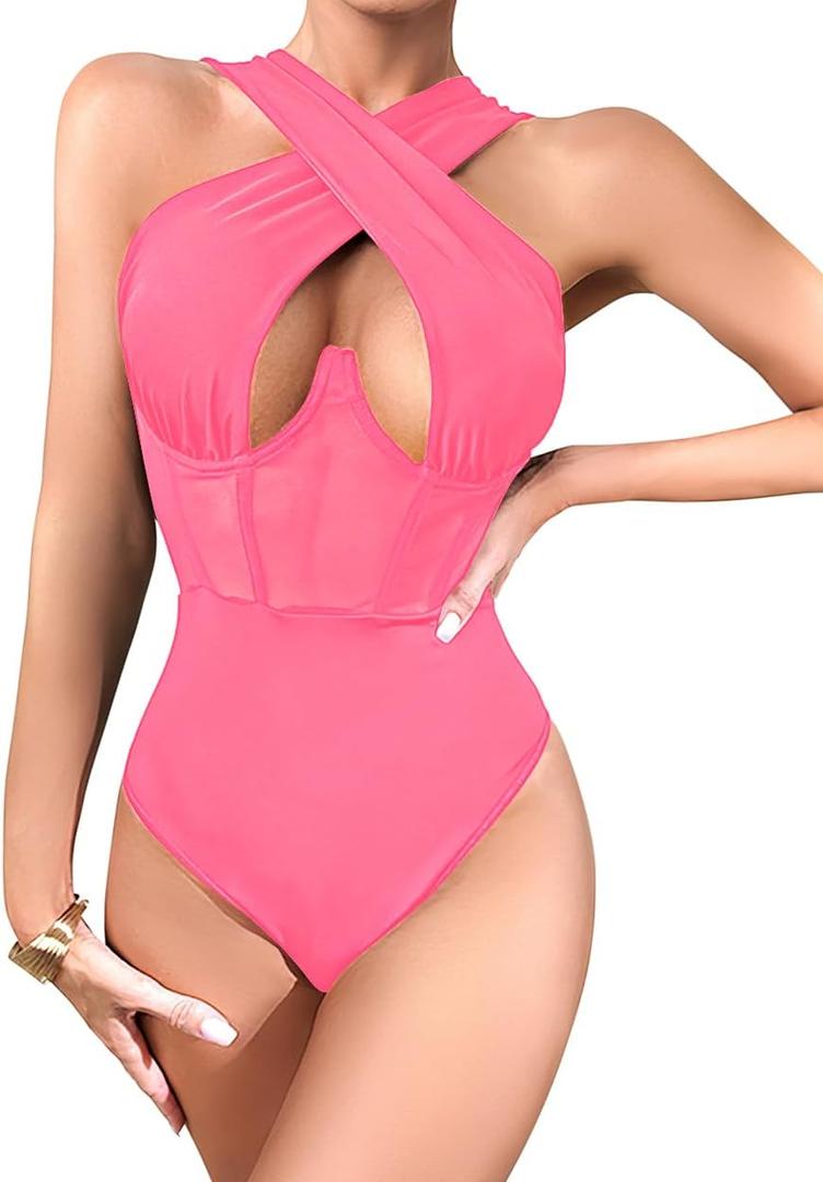 CRIPOM Criss Cross Halter Neck Body Suits for Womens Push up Bodysuit Bodysuits S-3XL (Large, Hot Pink)