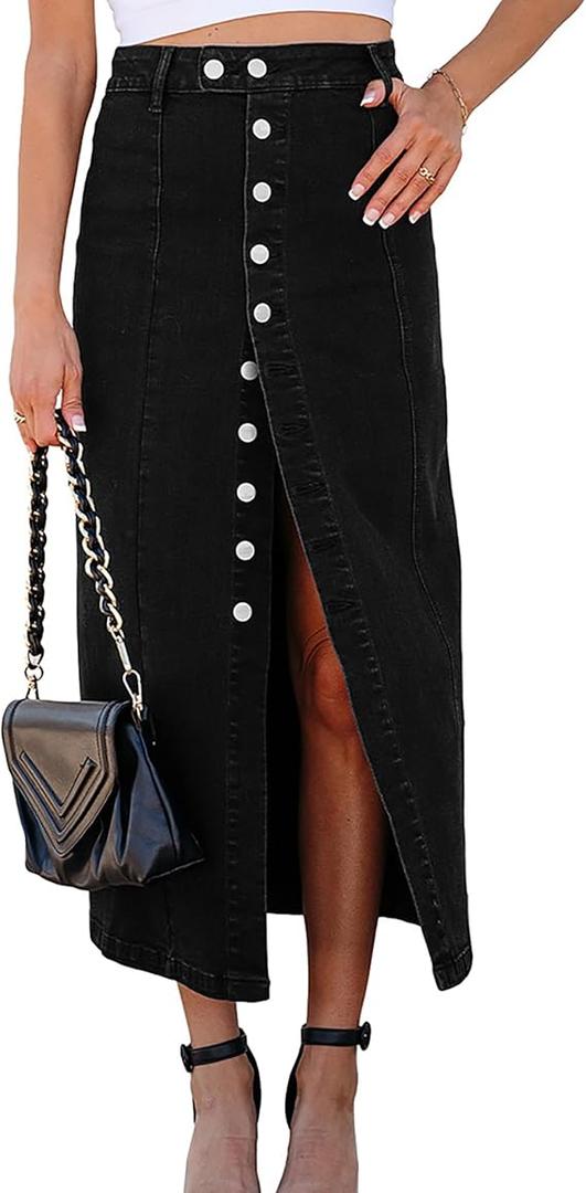 Women's Casual Slit Long Denim Skirt High Waist Button Up Slim Fit Midi Jean Skirts, Size S, Black