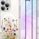 OOK Magnetic Case for iPhone 16 Pro Case Cute Flower Design with 2 PCS Screen Protector [Compatible with MagSafe] for Girls Women Floral Clear Slim Shockproof Phone Cover-Colorful Flowers