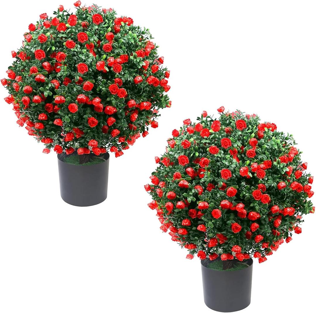 21.6” Tall Artificial Rose Topiary Ball Tree Set of 2 Pack, Faux Boxwood Ball Tree UV Resistant Potted Bushes Fake Plants for Outdoor Front Door Porch Home Office Decor