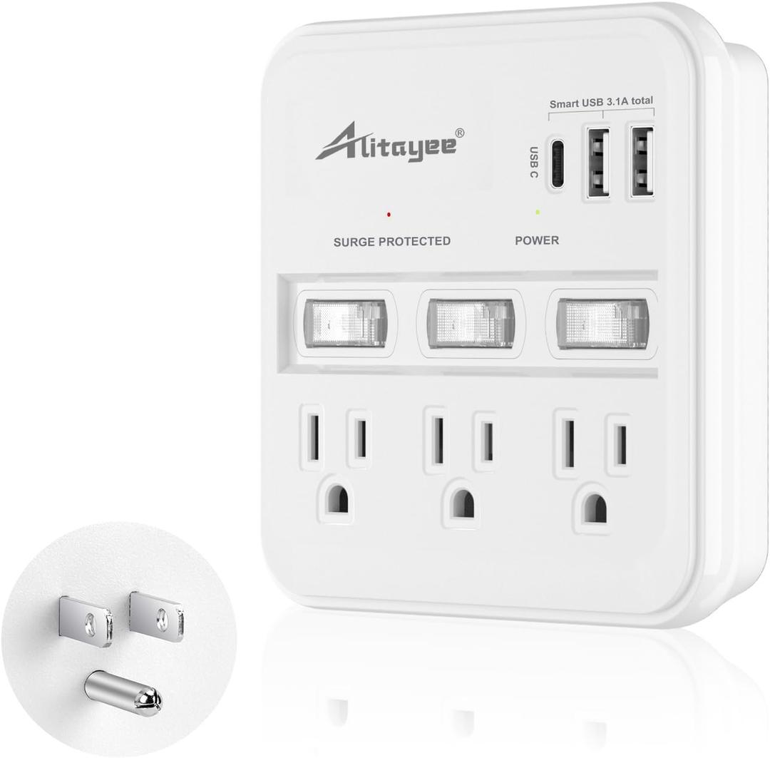Alitayee Wall Outlet Extender Surge Protector, USB Power Strips with Individual Switches and 15.5W Type-C Fast Charging Ports for Cell Phone,Home,Office,Dorm ETL Listed White