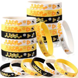 Threan Bee Silicone Bracelets Bulk Honeybee Rubber Wristbands Pack for World Bee Day Birthday Party Favors Decorations Spring Summer Party Supplies Gifts for Bags(96 Pieces)